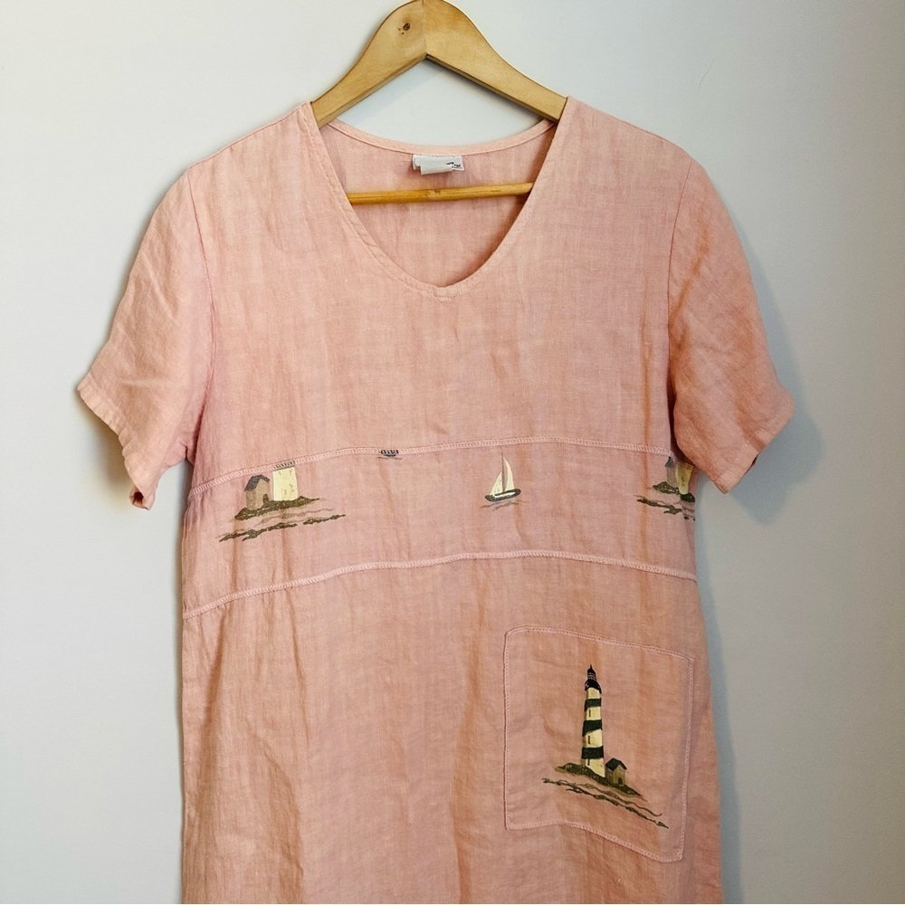 Vintage Donna Linen Maxi Peach Dress with lighthouses and sailor boats Sz Small - Picture 4 of 10